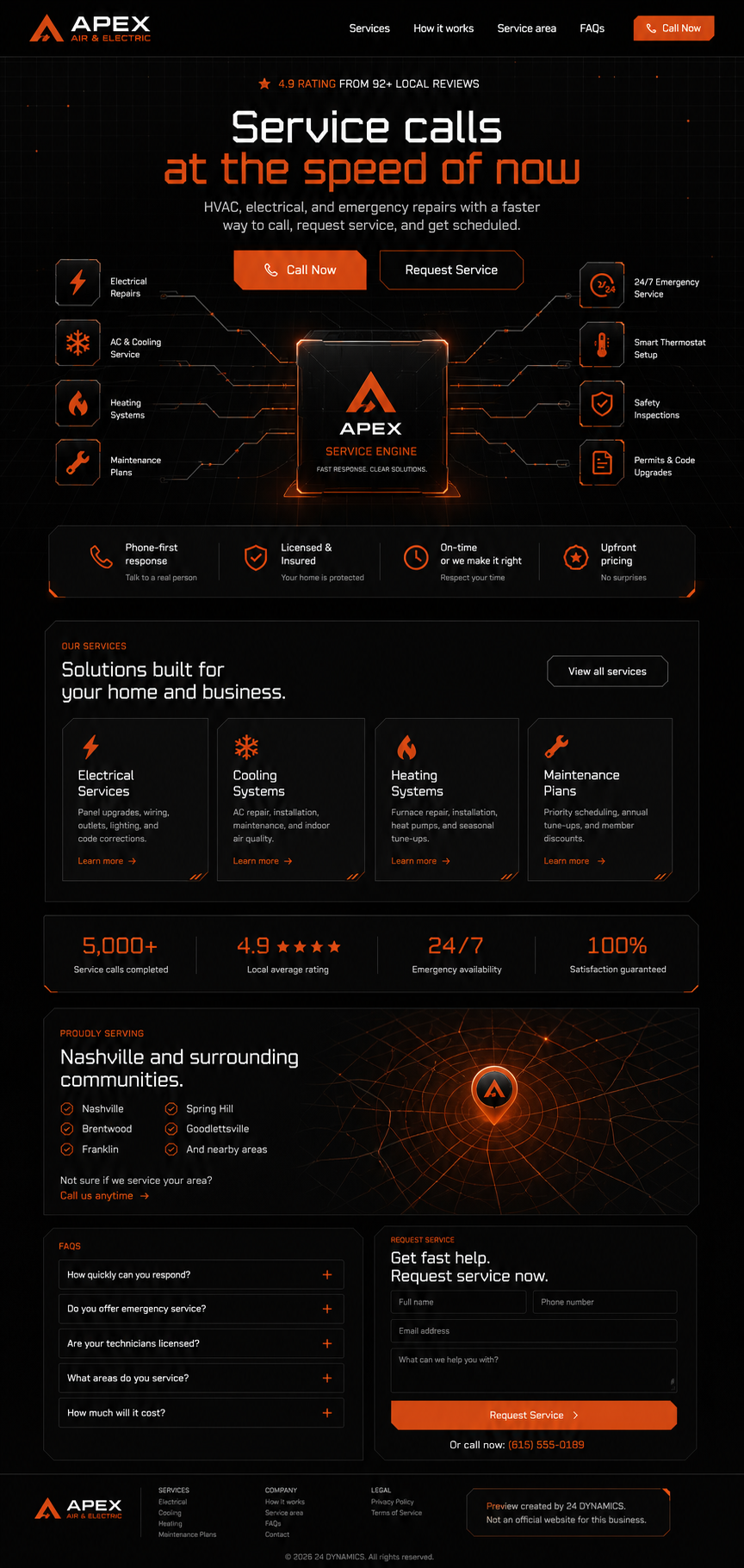 Apex Air and Electric dark technical full page website example